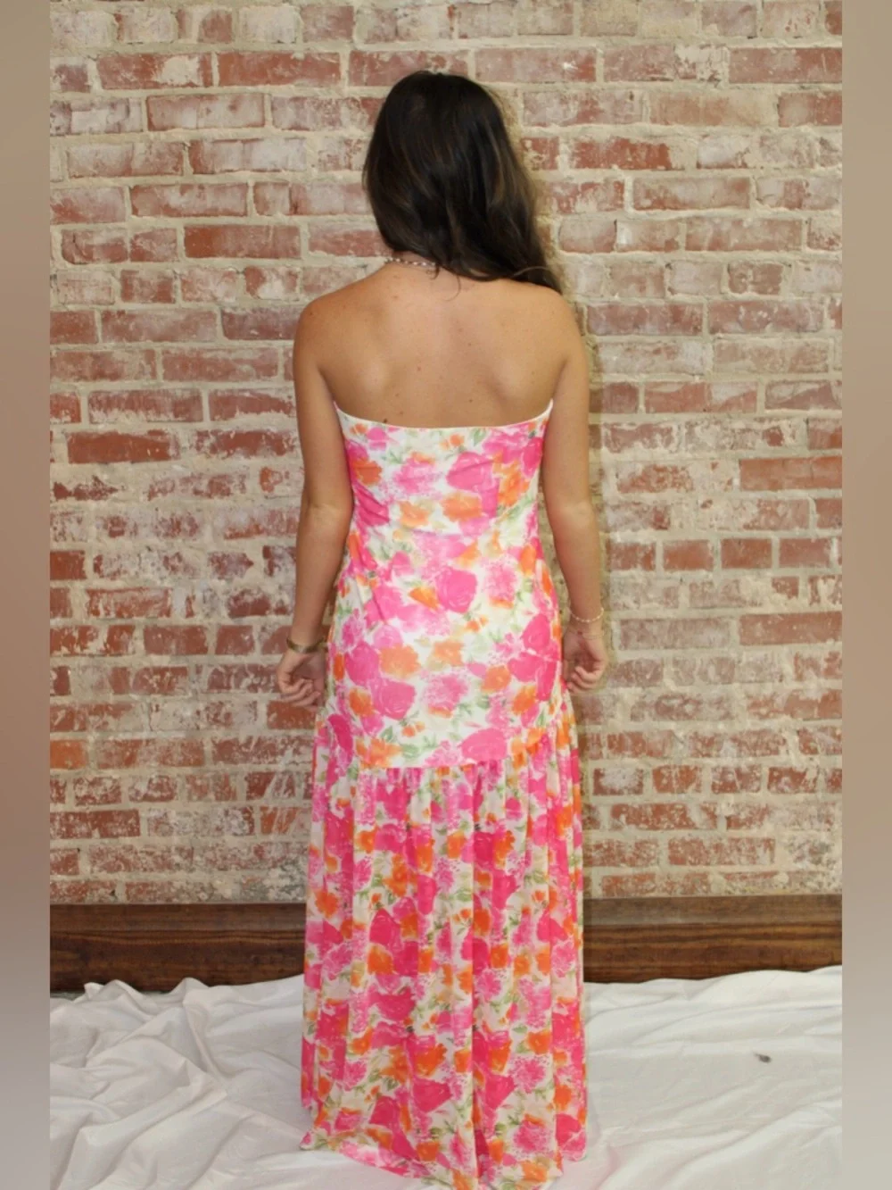 Rosa Red Vibrant Boho Floral Strapless Ruffle Tiered Dress